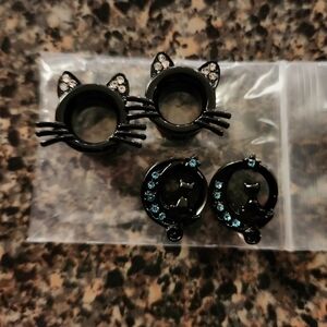 Black Cat Ear and Cat Moon Plugs with Rhinestones